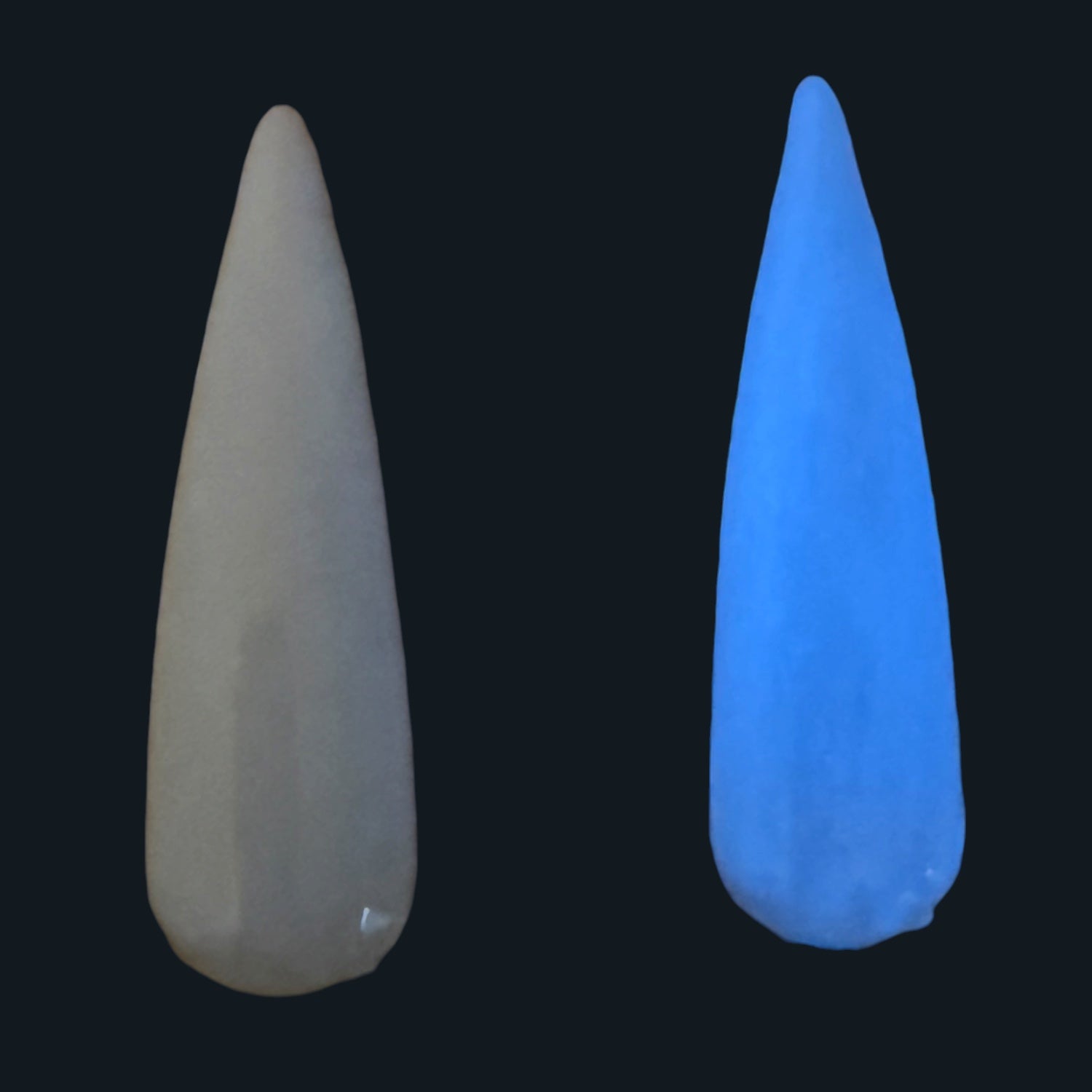 Glow in the Dark gel polish, white nail tip  changes to blue glow in the dark side by side with a black background