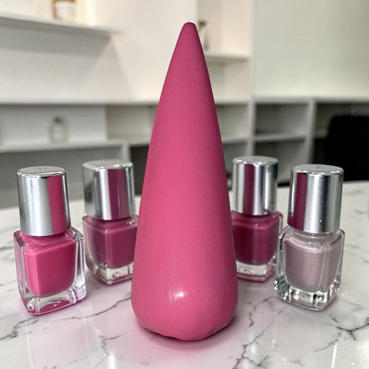 pink nail tip on marble counter surrounded by nail polish bottles and shelves in background