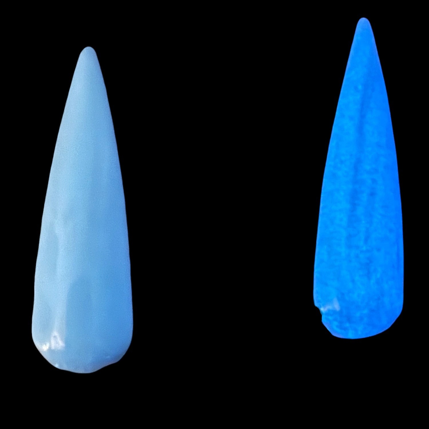 blue nail tip next to a glowing blue nail tip on a black background