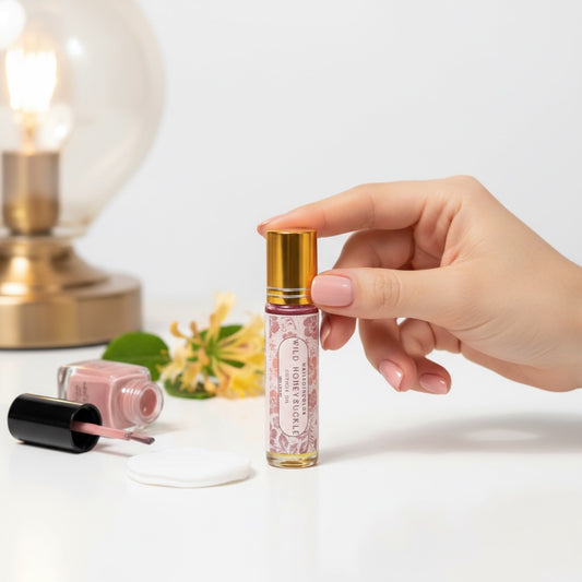 bottle of cuticle oil with nail polish bottles on a counter with lamp and floral in background, a woman's hand has placed her fingers on the bottle cap