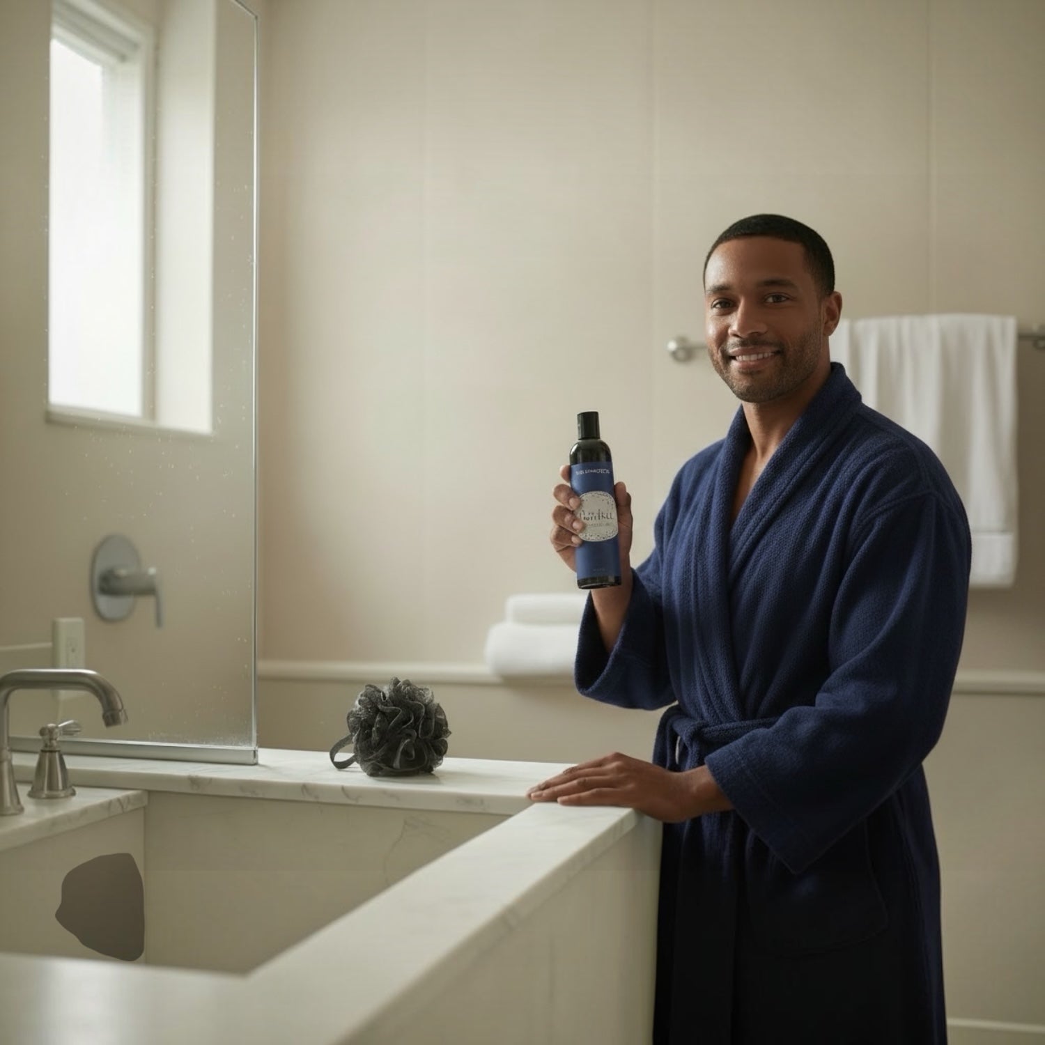 A man in a navy blue bathrobe stands in a bathroom holding a bottle of revival shower wash. A white sink, bath puff, mirror, and towel are visible in the background.