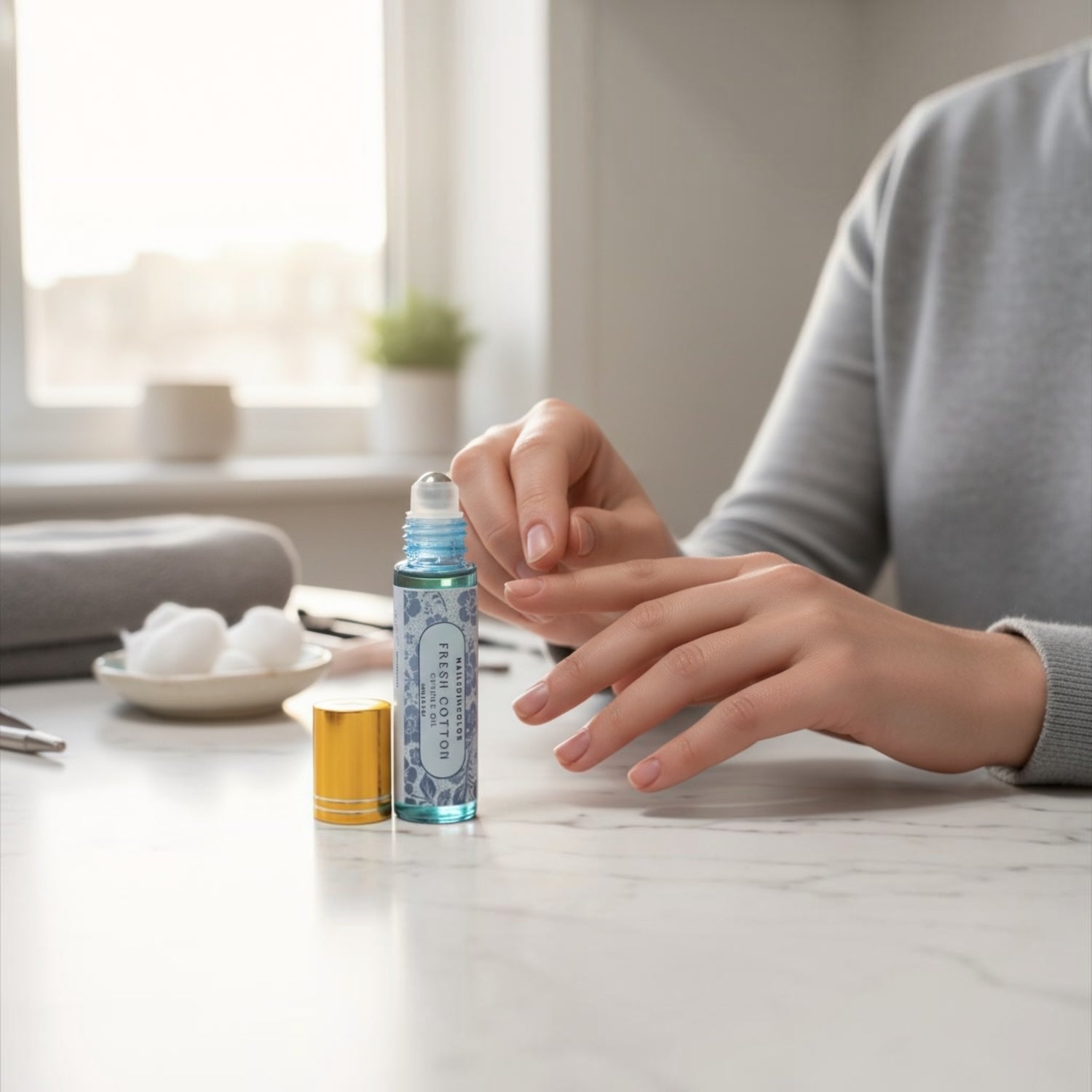 A person's hands holding a small glass roller bottle of Fresh Cotton Cuticle oil with a blue patterned label and a gold cap, set on a light marble table in a bright, modern room.