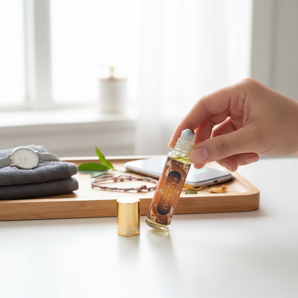 A hand holds a small glass rollerball bottle with a gold cap off beside it on a white table. The bottle contains patchouli cuticle oil