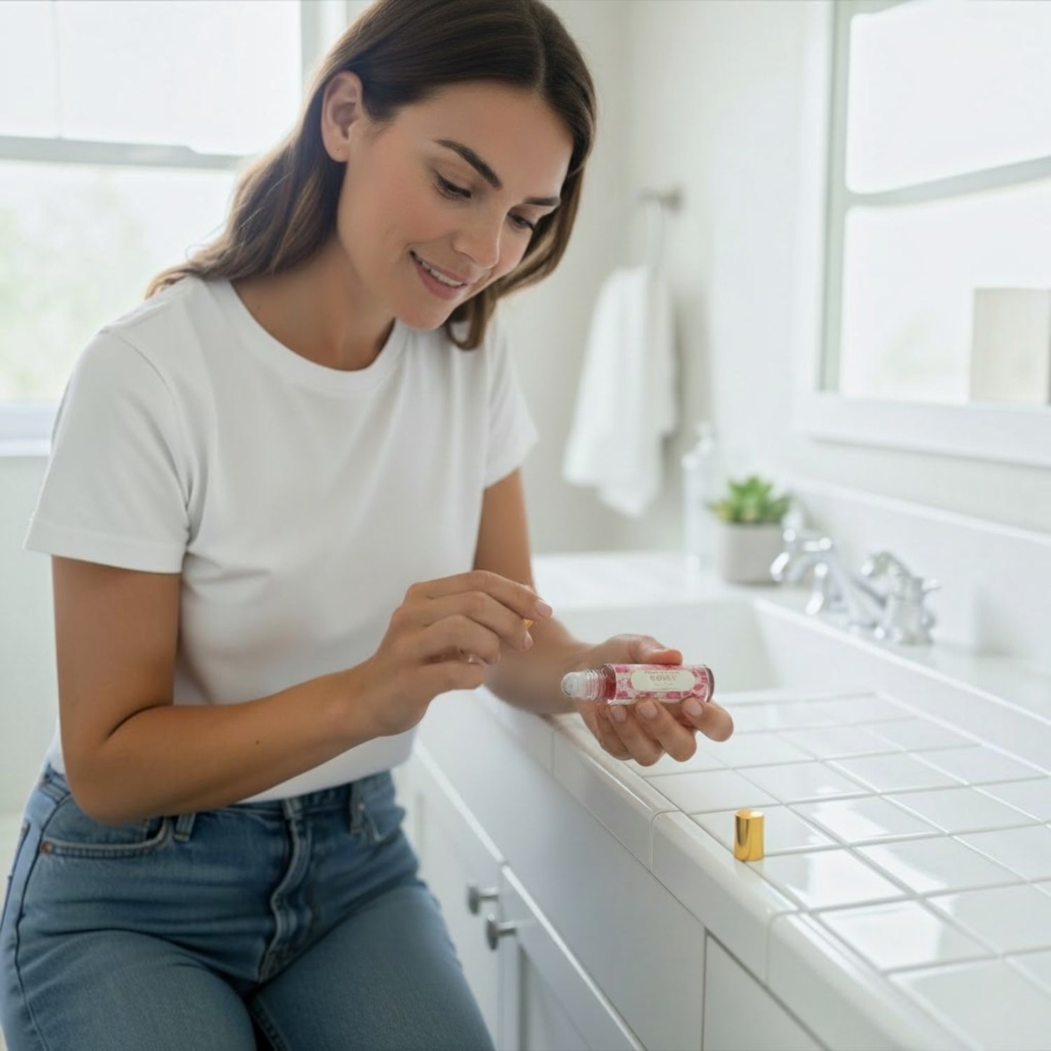 A woman in a white t-shirt and blue jeans sits at a white tiled bathroom sink, holding a small  bottle of cuticle oil with a pink and white label and a gold cap.