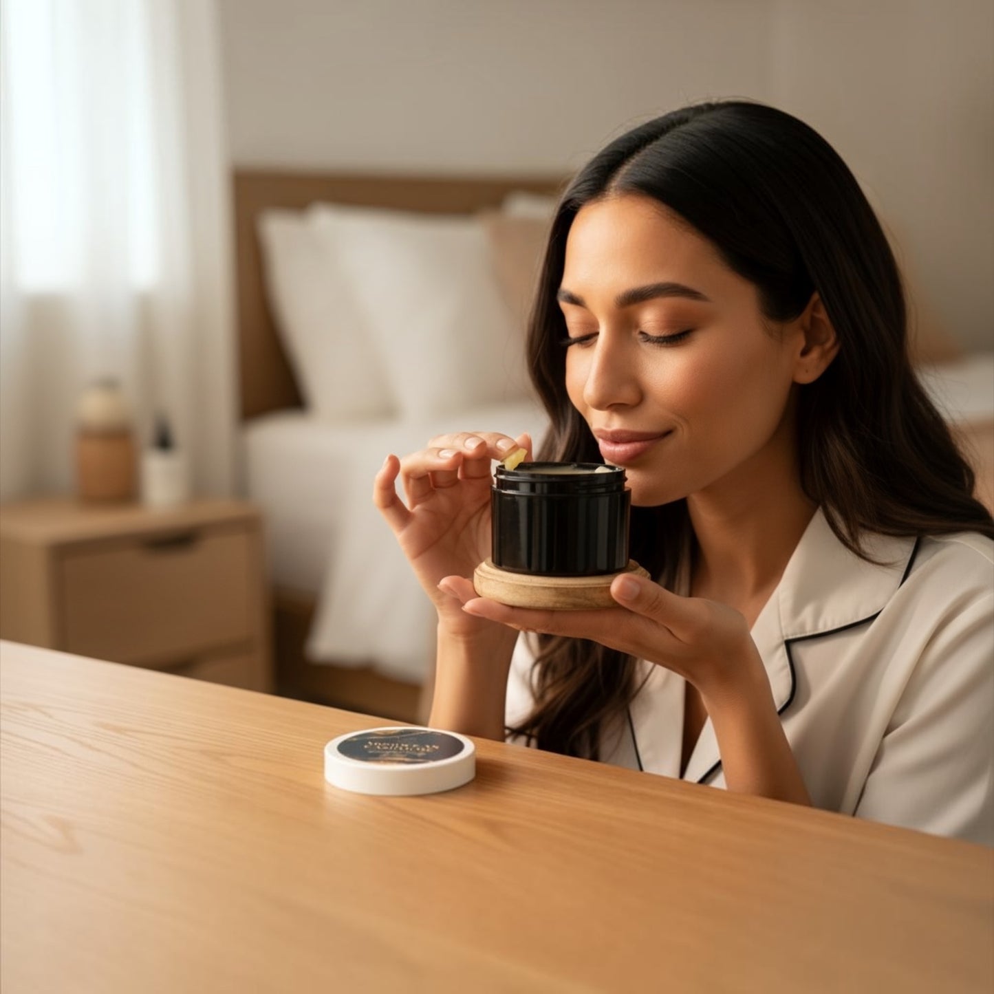 A woman sitting at a desk with bedroom in background. holding a n open jar of Moroccan Cashmere body butter, checking the scent and applied on fingers.