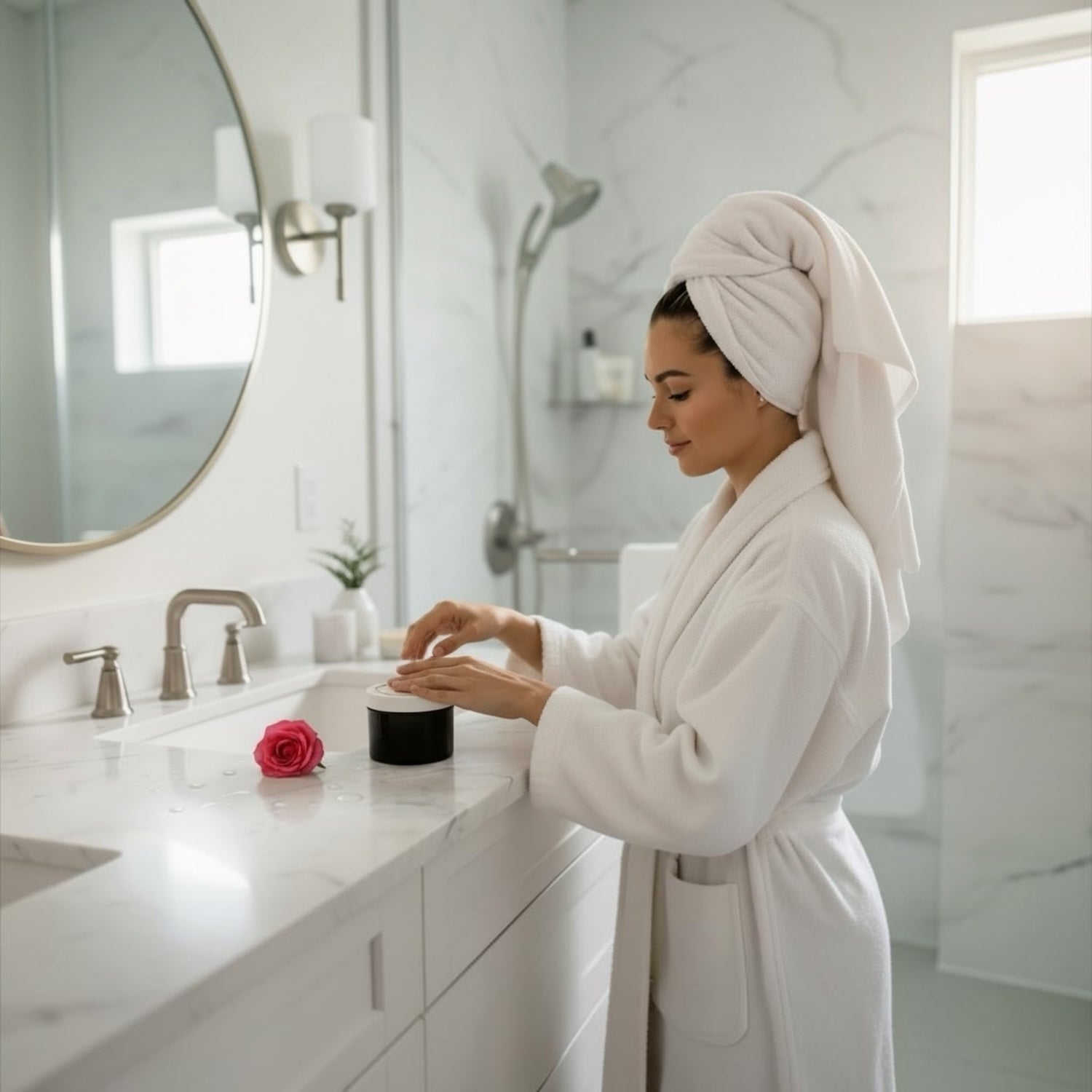 A woman in a white bathrobe with a white towel wrapped around her hair stands at a bathroom counter, applying body butter from a small black jar. The bathroom has white marble surfaces, a large round mirror, and soft natural light