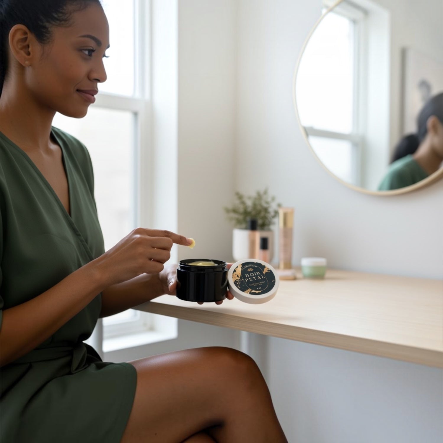 A woman in an olive green dress sits at a light wood vanity table, holding an open black jar of body butter, next to its white lid. The lid features a black label with gold text that reads Noir Petal