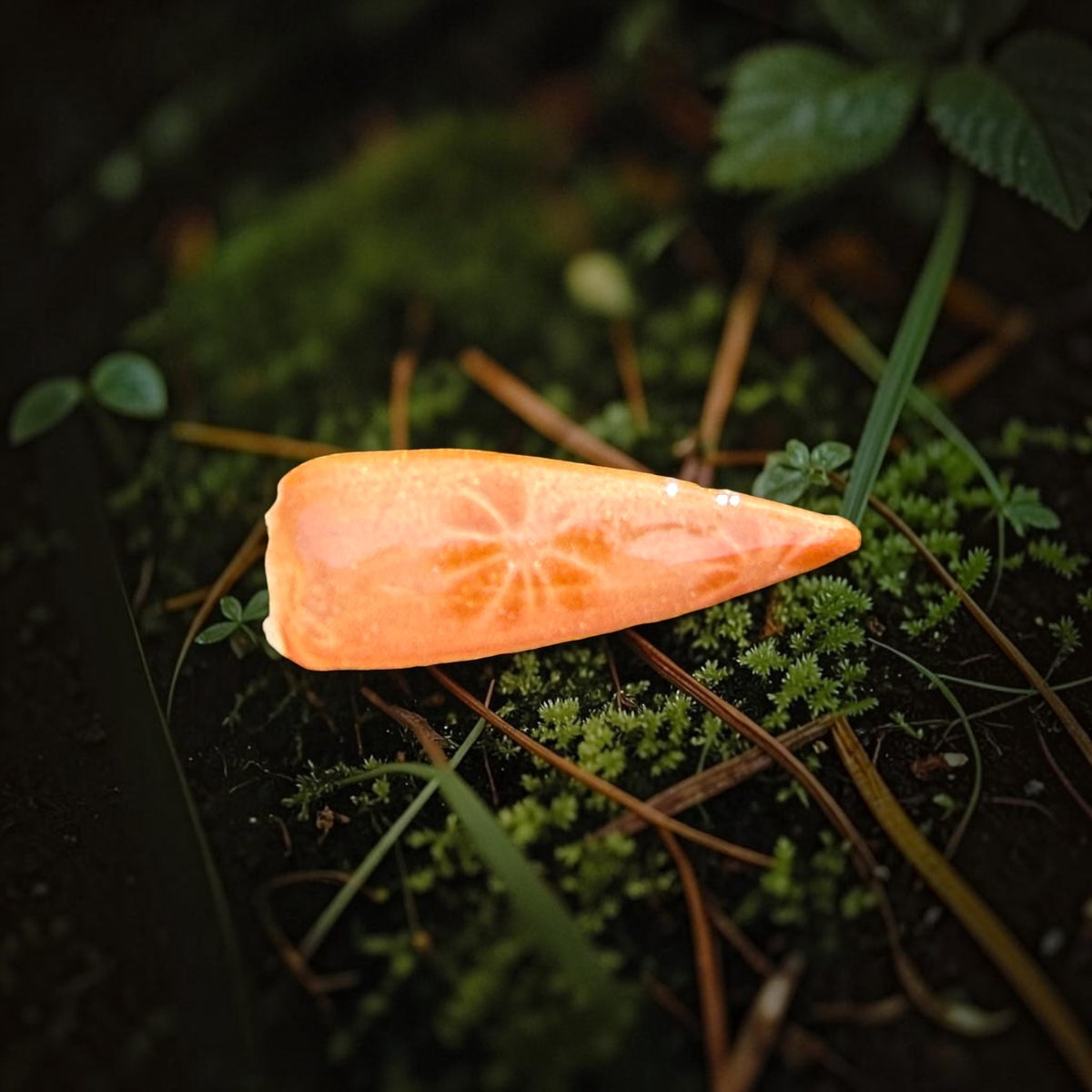 Orange at eye nail swatch on a bed of green grasses and foliage